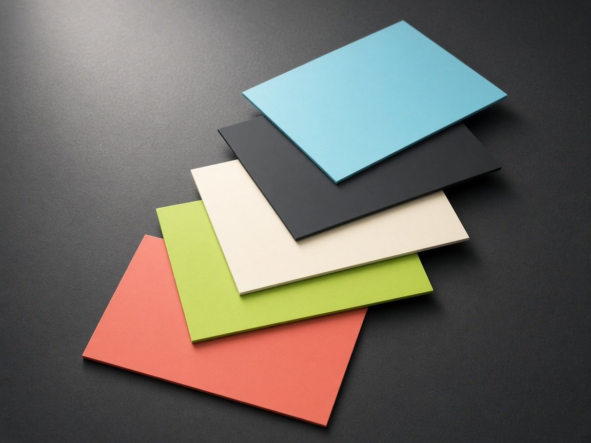 Fan of solid color swatch cards on graphite