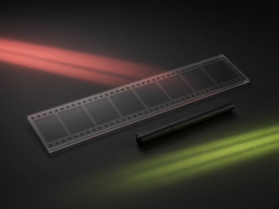 Film strip and motion light trails on a studio desk