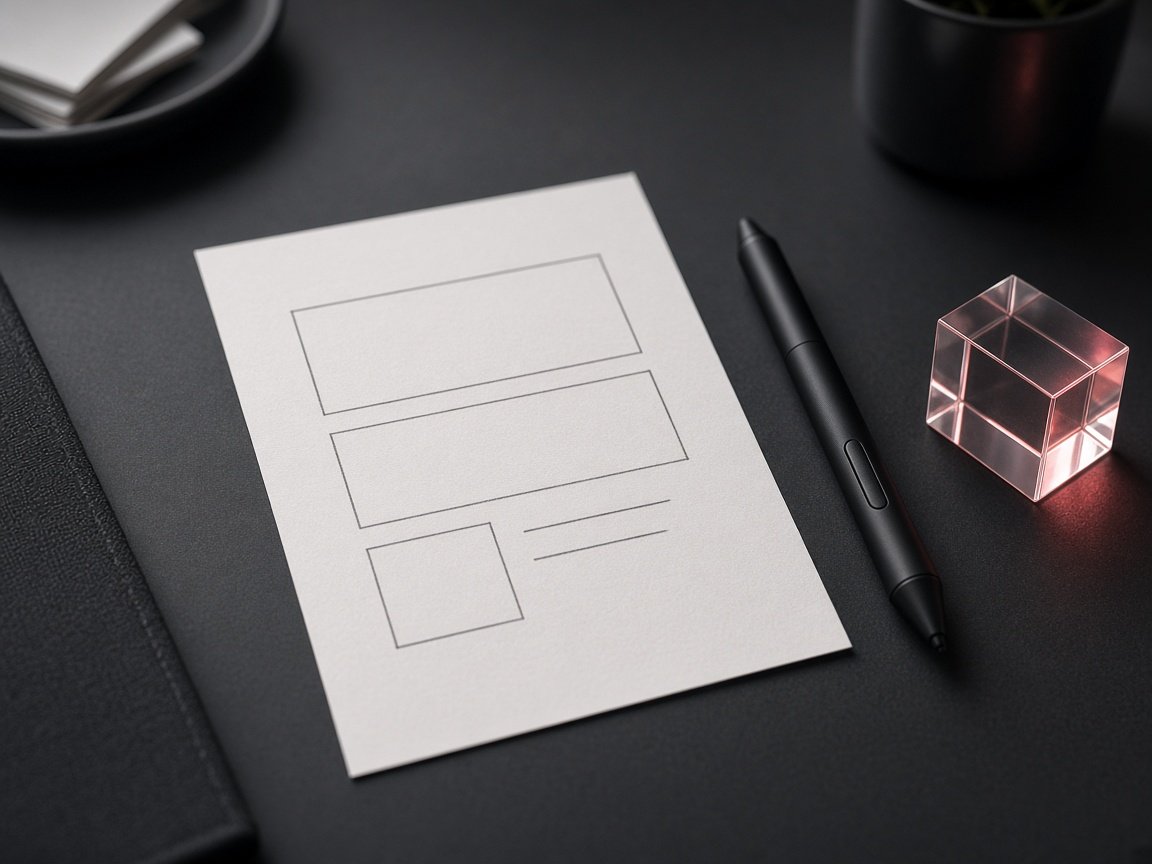 Wireframe sketch and stylus on a dark design desk