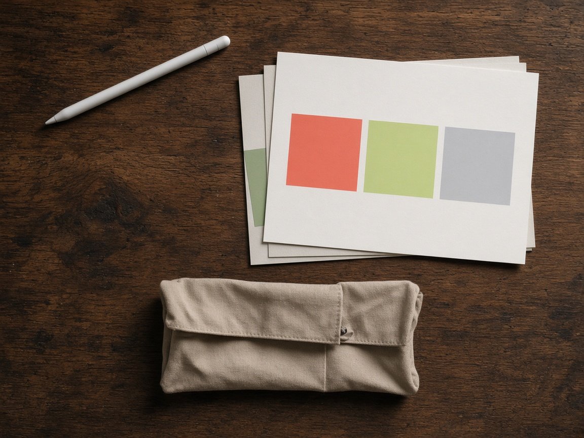 Design desk flat-lay with stylus, color swatch cards, and a soft tool pouch